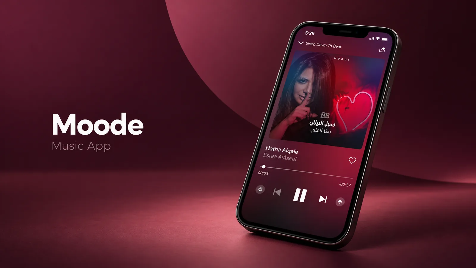 Moode music app cover: the now-playing screen on an iPhone