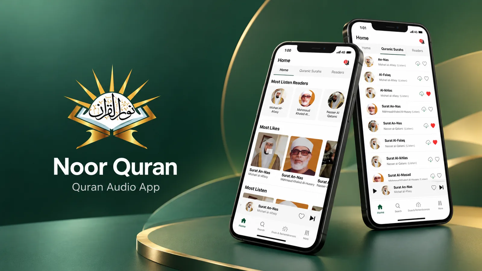 Noor Quran audio app cover: the home and surah list screens beside its logo