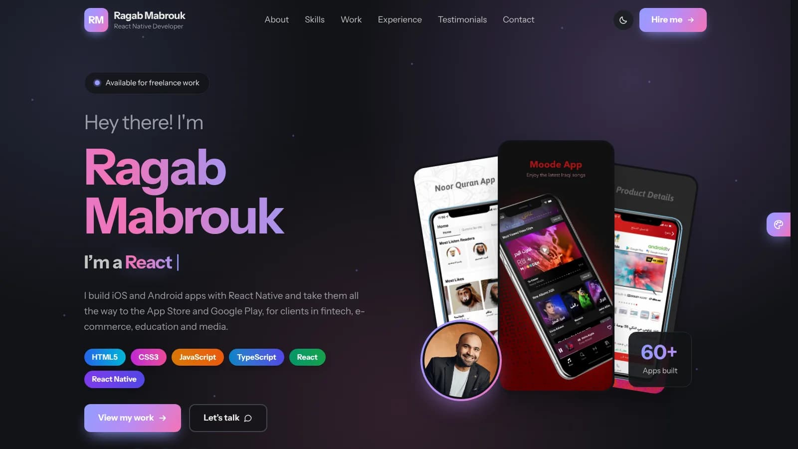Ragab Mabrouk portfolio home page: the hero with three app screens and a portrait